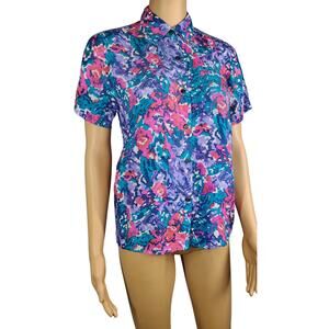 1990s Silk Lucid Blooms Floral Printed Robert Stock Limited Button Up Top Size M